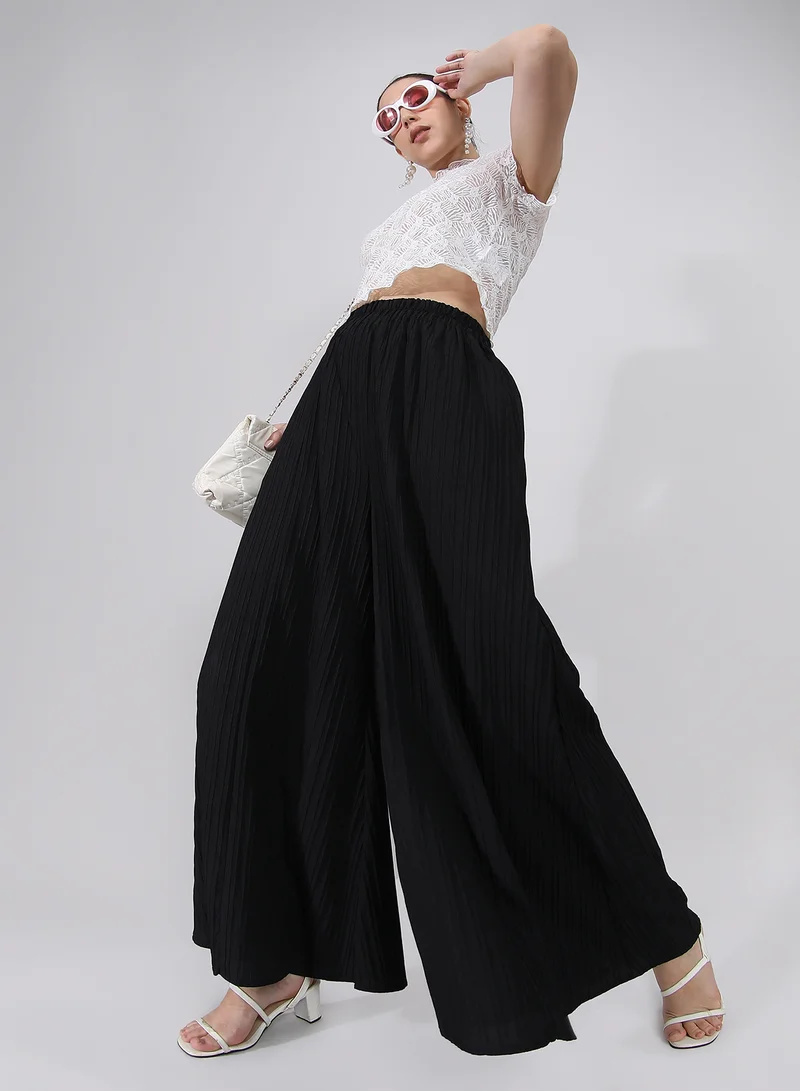 Pinacolada  Women's Midnight Black Striped Piping Flared Trousers For Casual Wear | High-Rise | Full Length | Pull On Closure | Pants Crafted With Comfort Fit For Everyday Wear for Women | Best Price UAE
